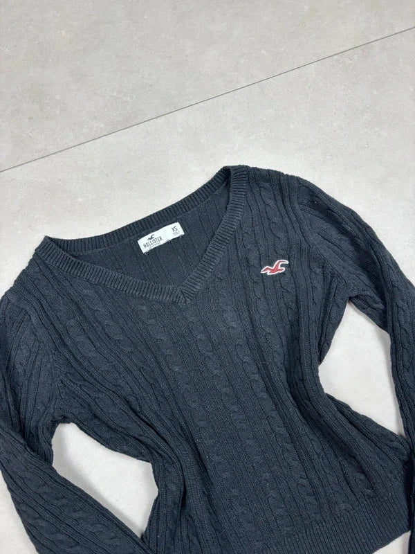 Hollister Cable Knit V-Neck Pullover Schwarz · XS
